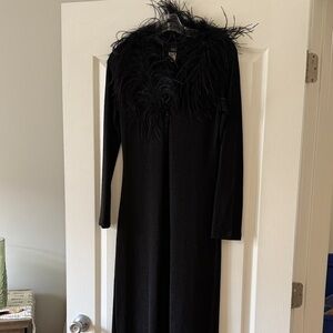 Stella York Black Long Sleeve Feather Collar Dress